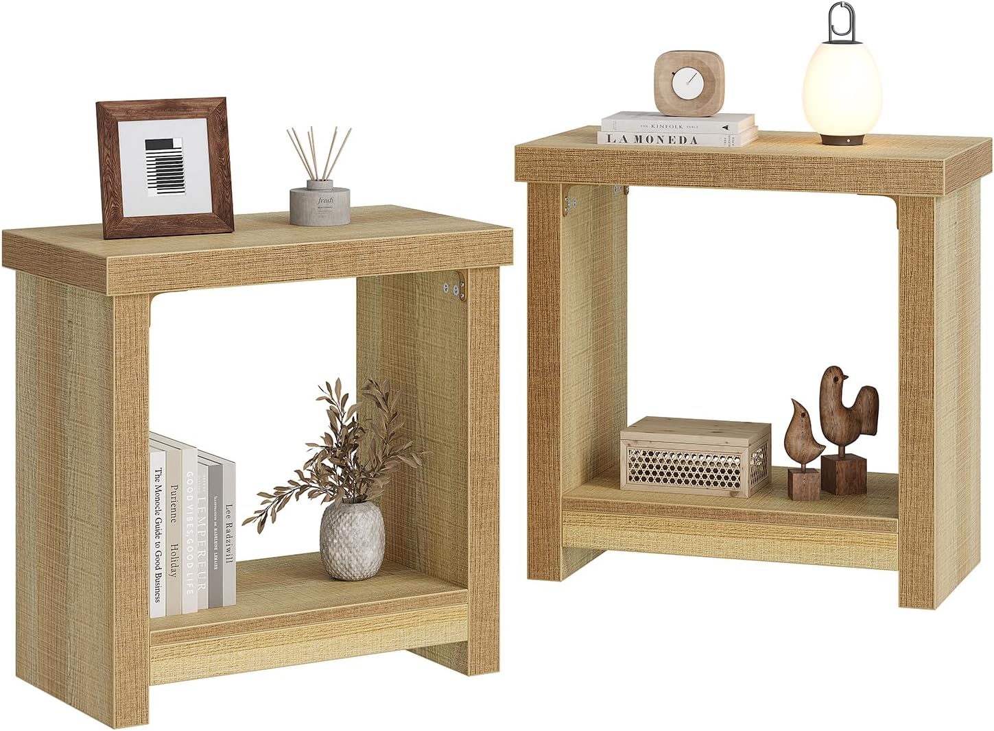 End Tables Set of 2 for Living Room, Narrow Side Tables with Storage Shelves, Square End Table for Bedroom, Slim Nightstand, Skinny Rectangle Accent Table, Farmhouse Bedside Table, Natural (2 Pieces)