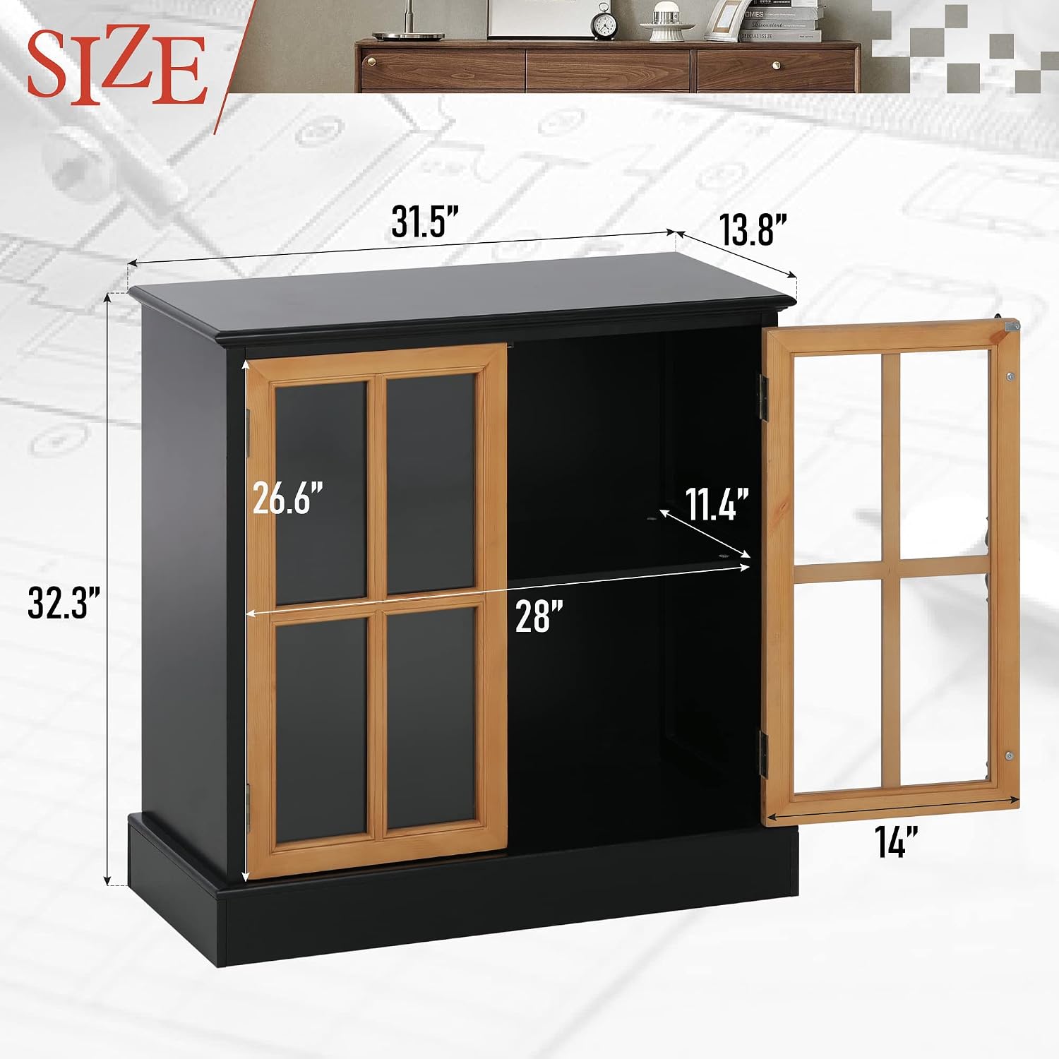 MAISON ARTS Accent Cabinet with 2 Doors, Farmhouse Decorative Storage Cabinet for Entryway Living Room Modern Kitchen Sideboard Buffet Cabinet, Solid Wood Frame, Glass Doors Black