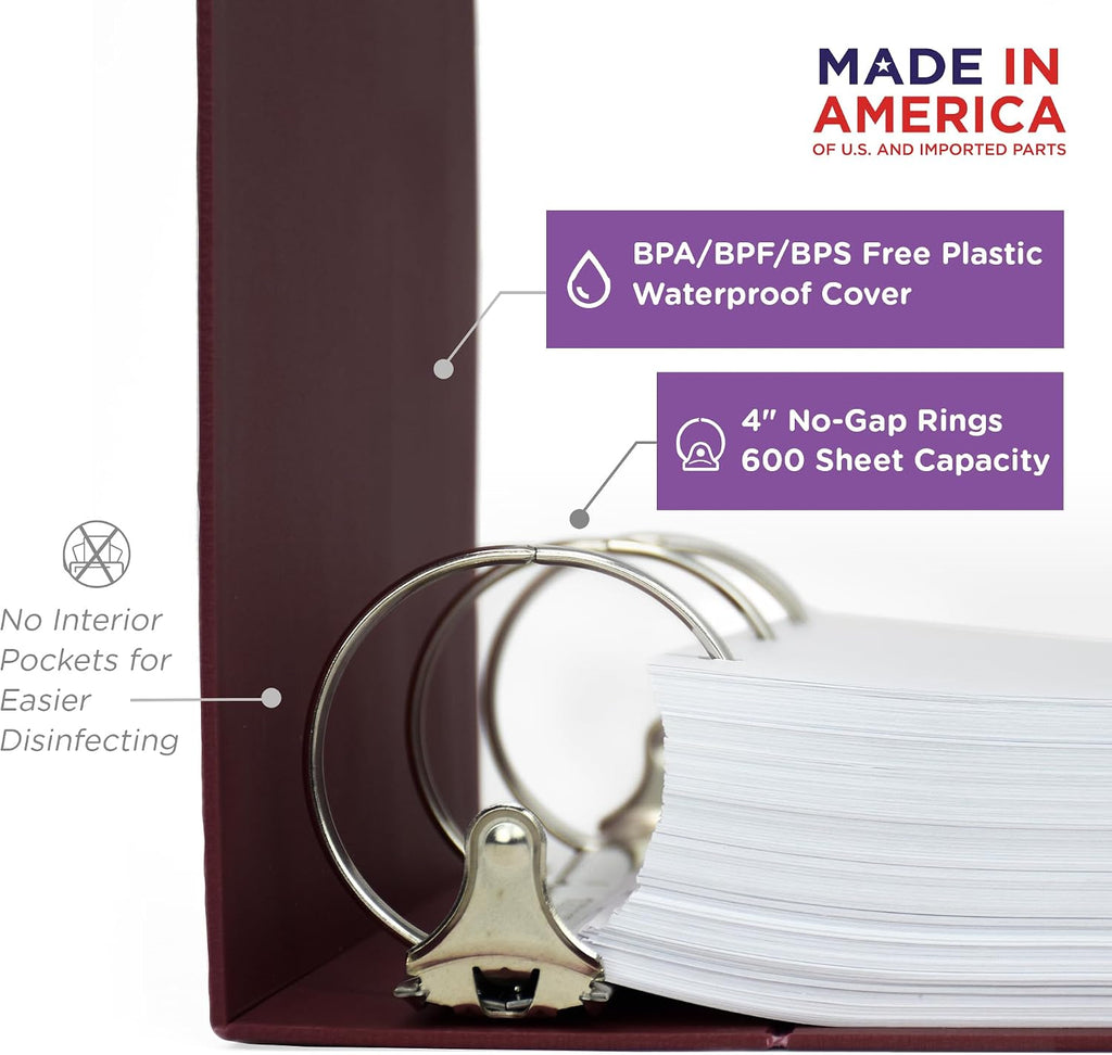 Carstens 4-Inch Heavy Duty Round Ring Binder for Medical Care Plans – Side Opening, Wine, Case of 10, Durable Plastic, No Pockets, Holds 600 Sheets, Made in USA (1874-3RCS)
