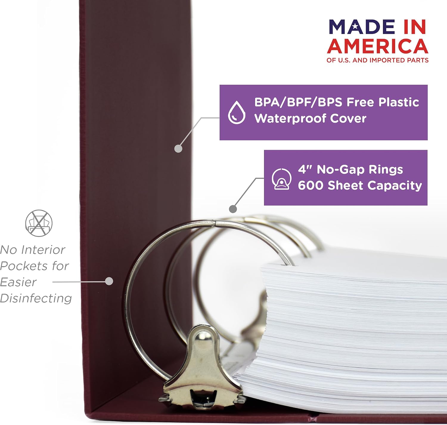 Carstens 4-Inch Heavy Duty Round Ring Binder for Medical Care Plans – Side Opening, Wine, Case of 10, Durable Plastic, No Pockets, Holds 600 Sheets, Made in USA (1874-3RCS)