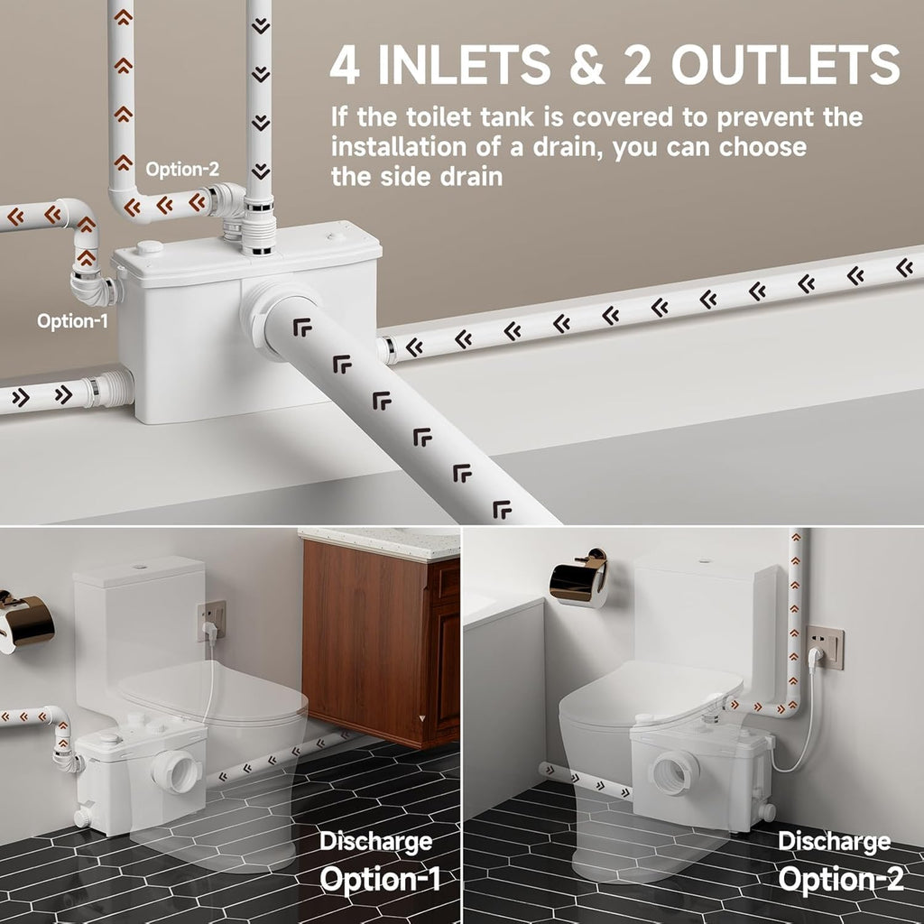 36ft Upflush Macerating Toilet System, Basement Toilet with Macerator Pump, One Piece Full Skirted, Flexible Top or Side Drain Port for Household Commercial Use, 1HP, 120V, CEC Approved
