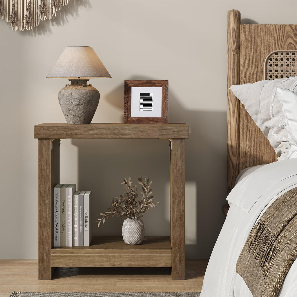 End Tables Set of 2 for Living Room, Narrow Side Tables with Storage Shelves, Square End Table for Bedroom, Slim Nightstand, Skinny Rectangle Accent Table, Farmhouse Bedside Table, Brown (2 Pieces)