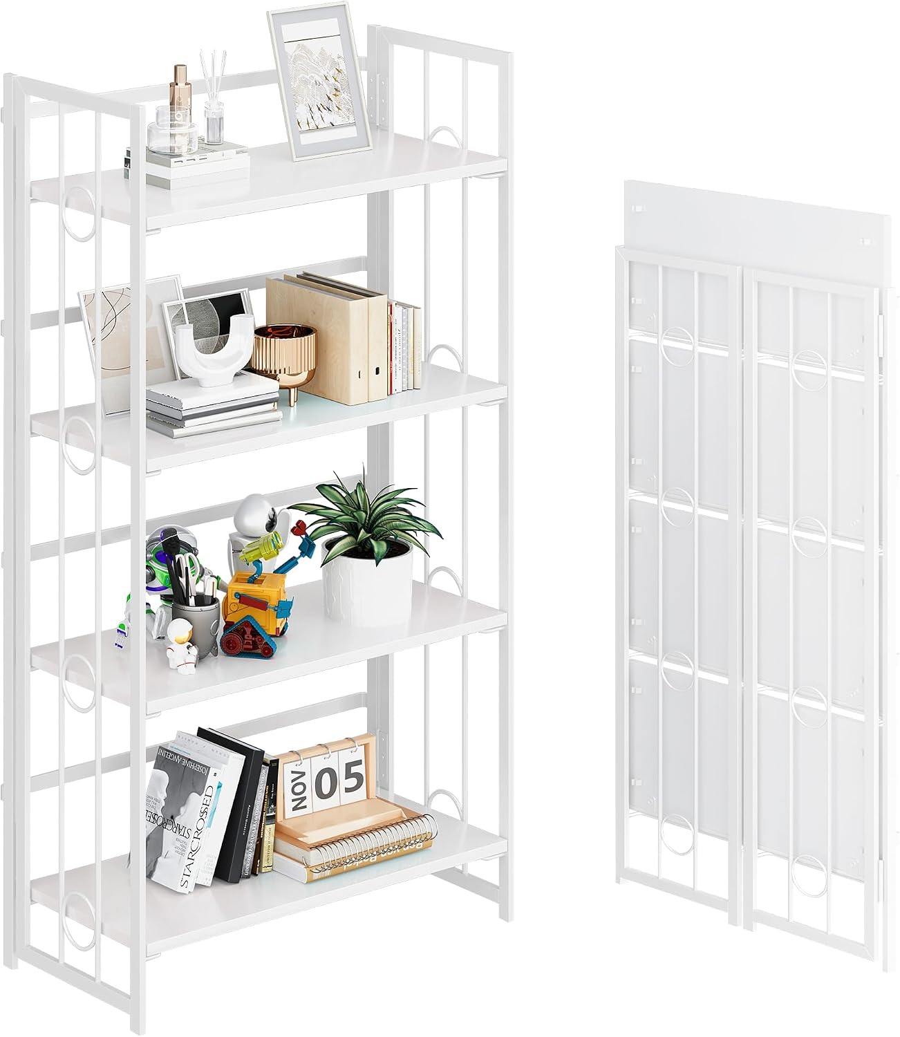 4NM No Assembly 4 Tiers Folding Bookshelf, 47.2' H Foldable Storage Shelves Vintage Bookcase Standing Racks Study Organizer Home Office - All White