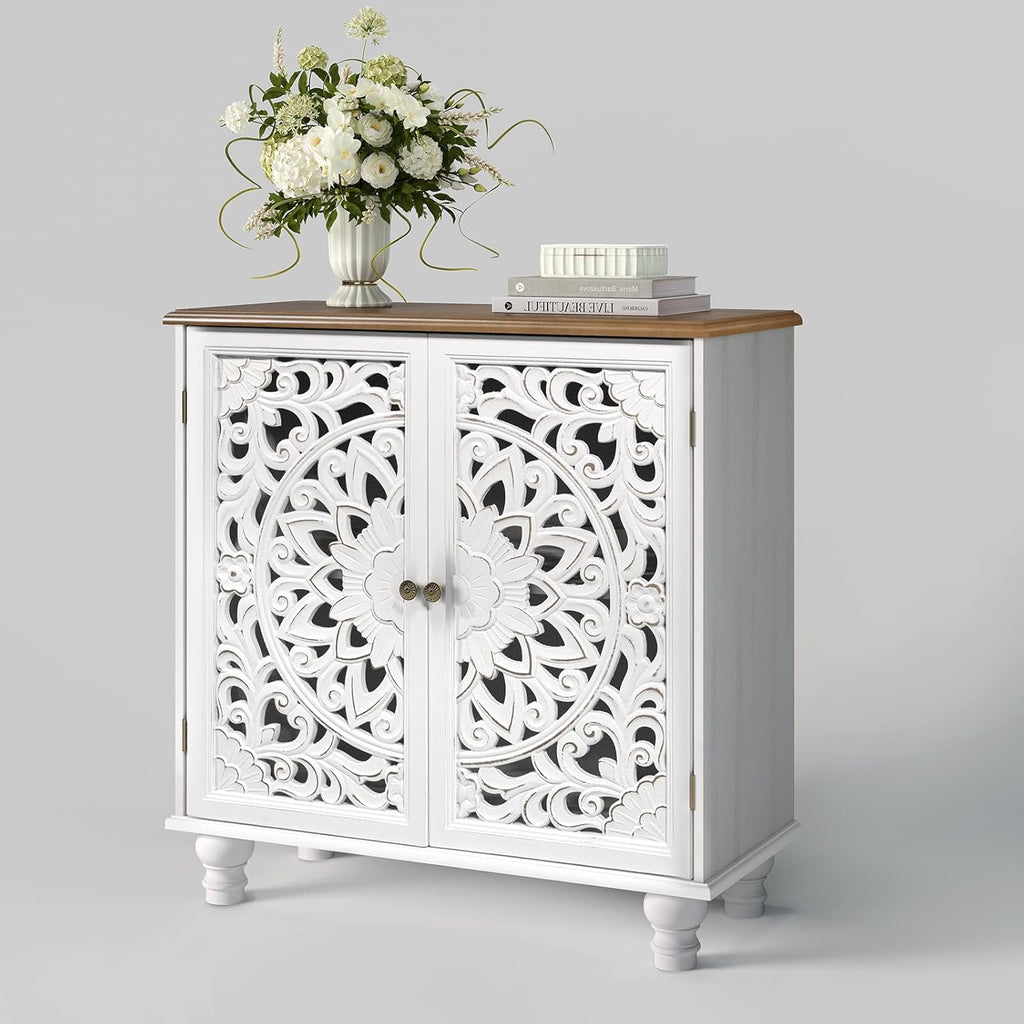 JOINICE White Accent Cabinet with Walnut Finish Top, 31' Farmhouse Storage Cabinet with Carved Doors for Living Room, Sideboard Buffet for Dining Room, Solid Wood Legs