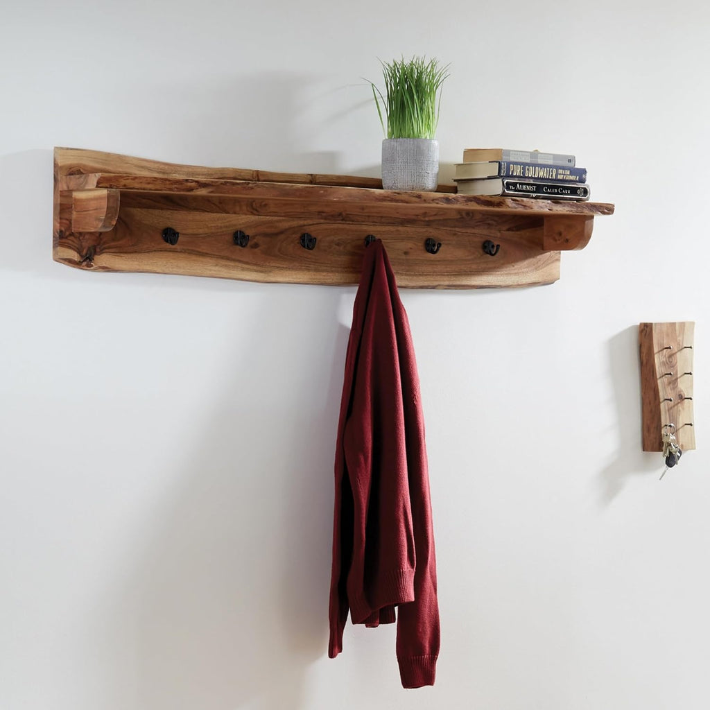 Alaterre Furniture Alpine Natural Live Edge Wood Coat Rack – 48' Solid Wood Wall-Mounted Coat Hook with Top Shelf & 6 Hooks – Modern Farmhouse Storage Organization for Entryway, Hallway, or Mudroom