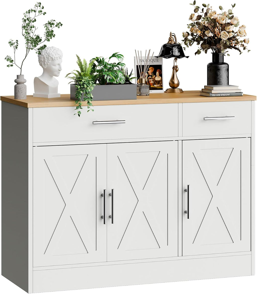 SUNLEI Kitchen Buffet Sideboard Cabinet with Storage, Farmhouse Kitchen Cabinet with 3 Doors and 2 Drawers, Coffee Bar Cabinet with Storage for Living Room, White
