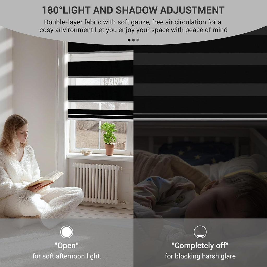 Blackout Cordless Zebra Blinds for Windows, Blinds for lndoor, Light Control, Easy to Instal, UV Protection, for Home, Offices and Door, Roller Shades, Custom Sizes,Black, 52' W x 56' H