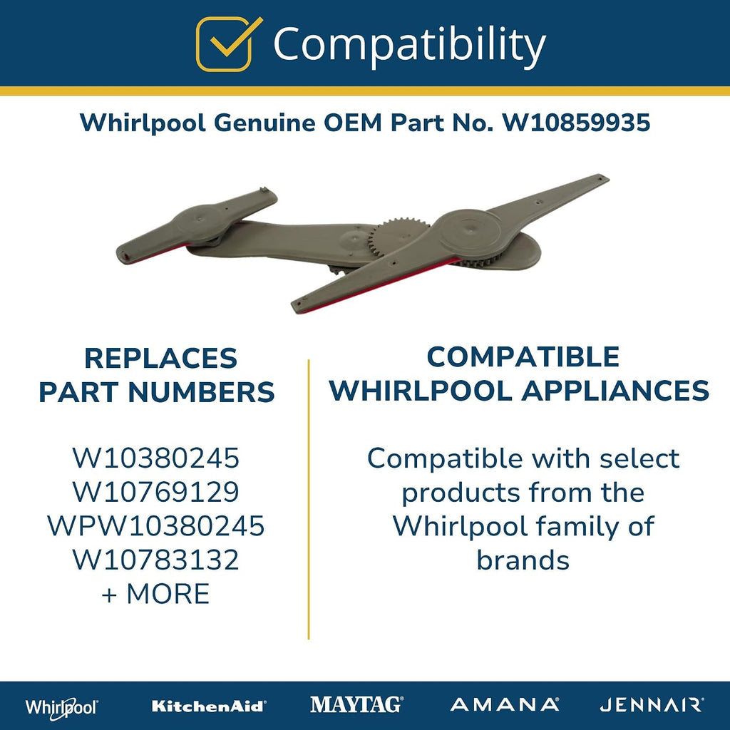 Whirlpool W10859935 Genuine OEM Dishwasher Lower Wash Arm Assembly Replacement Part - Replaces W10380245, W10769129, WPW10380245, and W10783132
