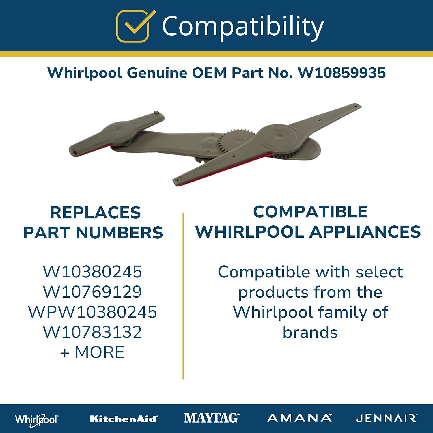 Whirlpool W10859935 Genuine OEM Dishwasher Lower Wash Arm Assembly Replacement Part - Replaces W10380245, W10769129, WPW10380245, and W10783132