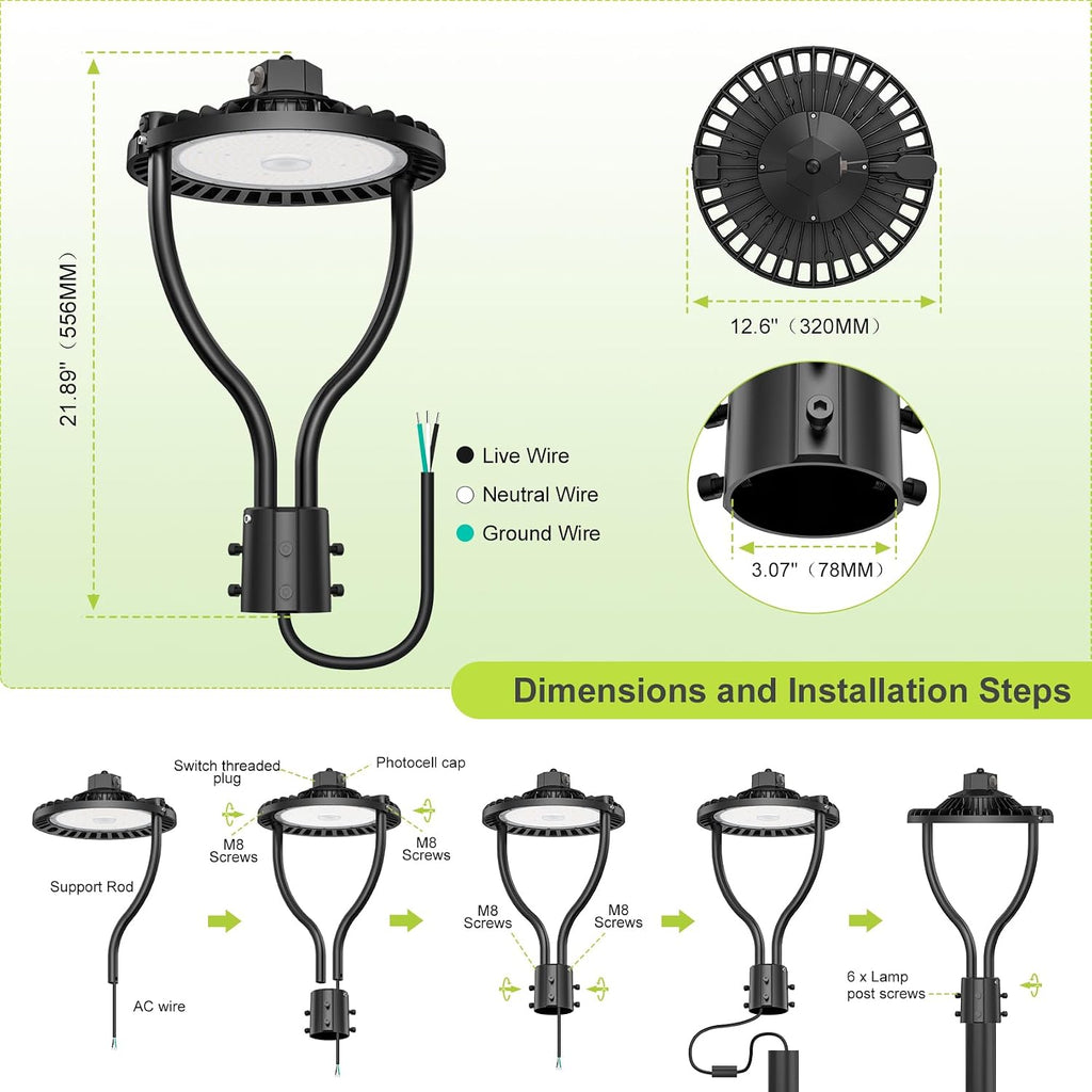 Commercial LED Post Top Light, 80W/64W/48W & 3000K/4000K/5000K Selectable, ETL Listed, 12000LM Post Circle Area Lights with Photocell, IP65 Waterproof for Yard Street, AC100-277V