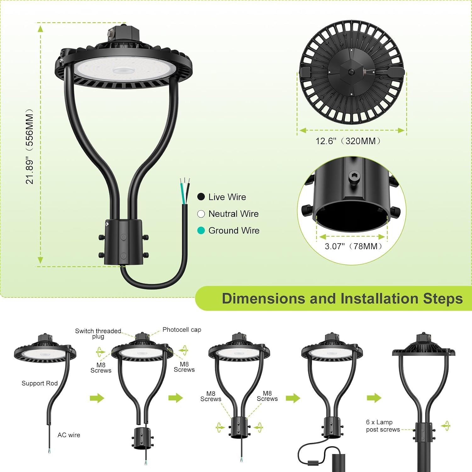 Commercial LED Post Top Light, 80W/64W/48W & 3000K/4000K/5000K Selectable, ETL Listed, 12000LM Post Circle Area Lights with Photocell, IP65 Waterproof for Yard Street, AC100-277V