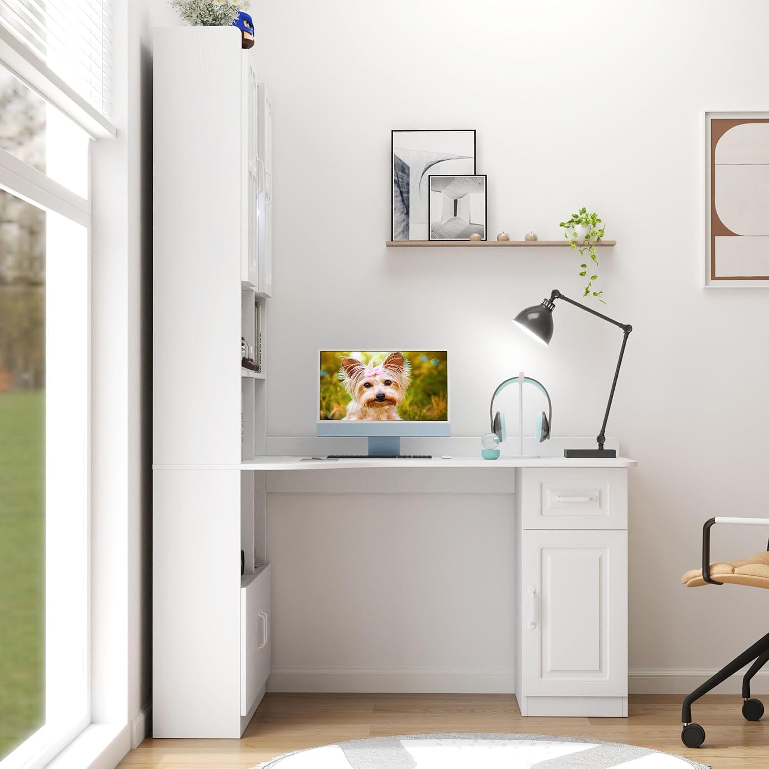 l Shaped Desk with Hutch & Drawers, Small Corner Desks for Small Space Home Office, Farmhouse Desk and Bookshelf Combo with Storage (White)