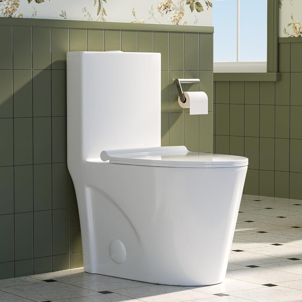 Modern One Piece Toilet, 1.1/1.6 GPF Elongated Dual Flush Toilet with Soft Closing Seat, Standard Modern Toilet for Bathroom, 12' Rough-In (White)