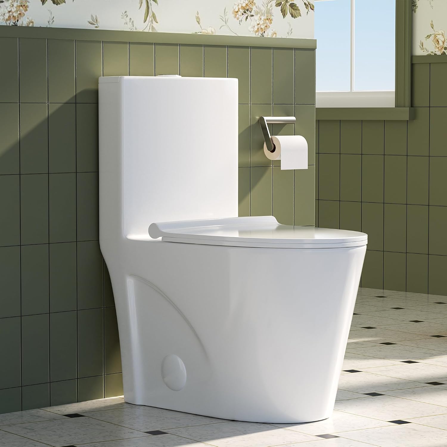 Modern One Piece Toilet, 1.1/1.6 GPF Elongated Dual Flush Toilet with Soft Closing Seat, Standard Modern Toilet for Bathroom, 12' Rough-In (White)