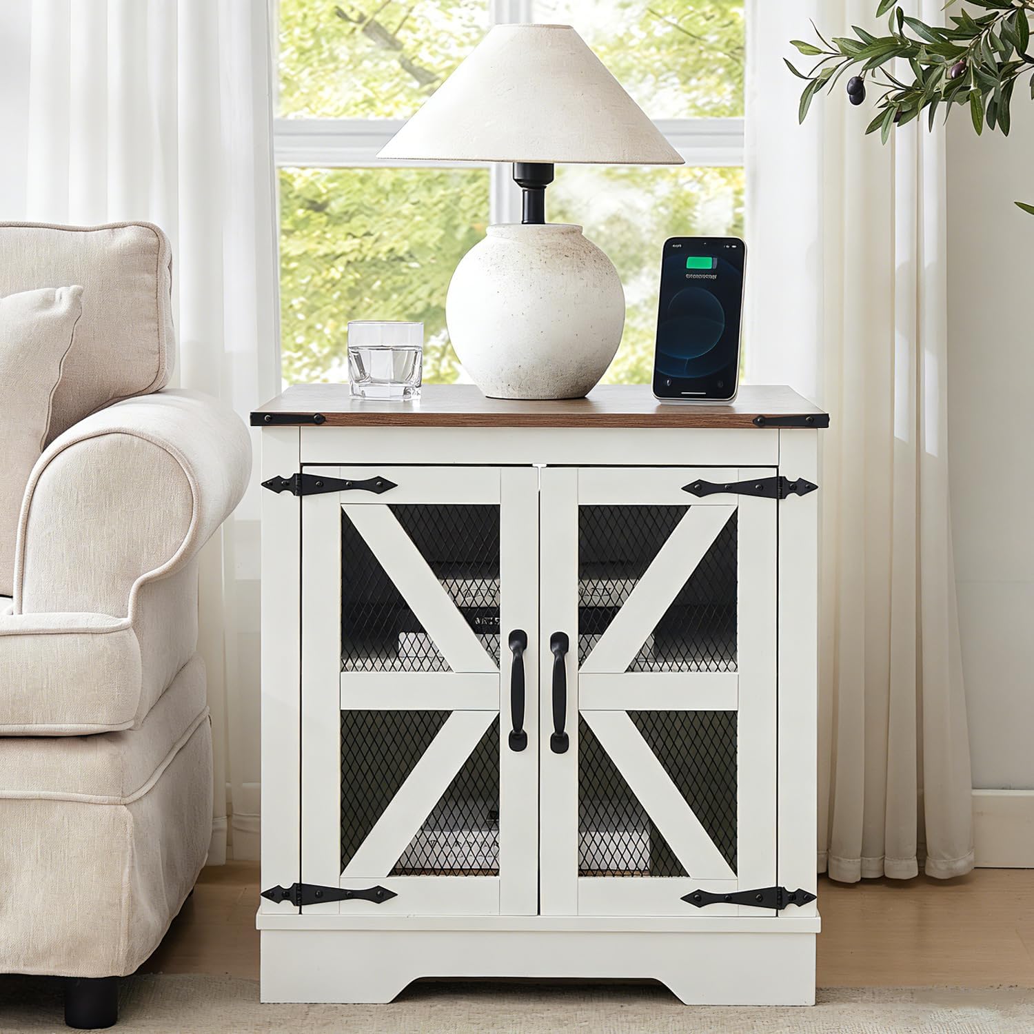 Farmhouse End Table Set with Charging Station Set of 2, Living Room Tables with Hidden Storage, Wood Square Sofa Bedside Tables, Night Stand with Power Outlet and Door, White