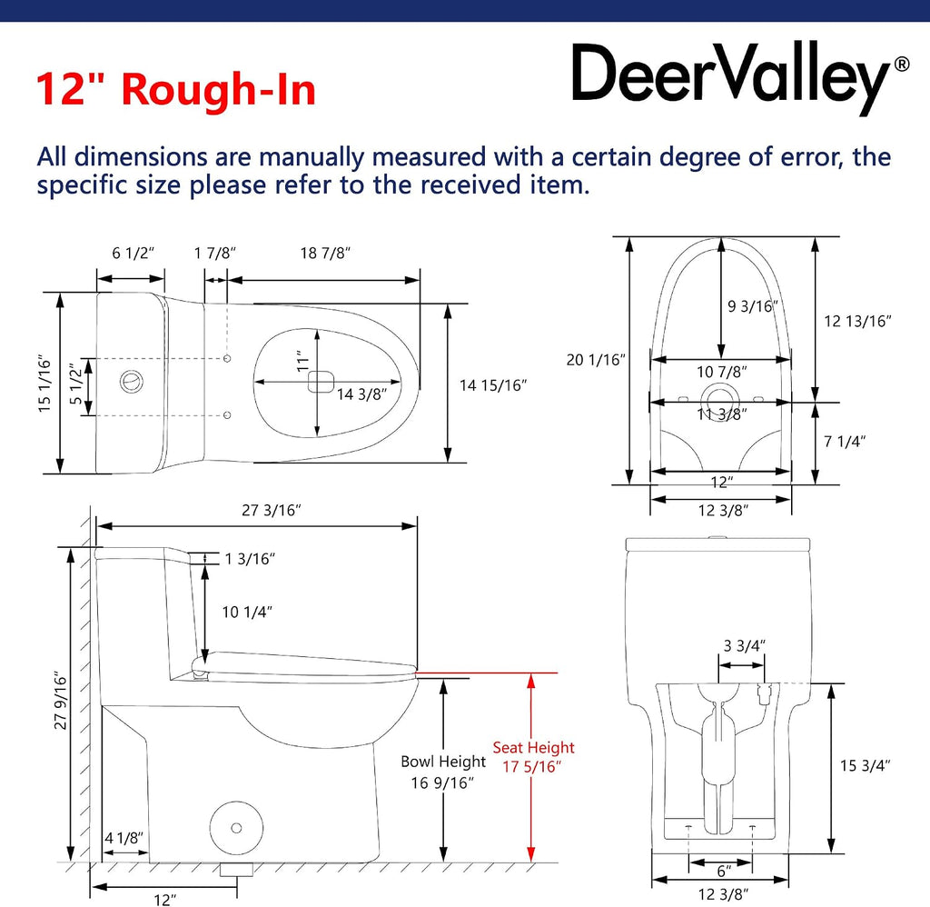 One Piece Toilet, DeerValley DV-1F52677A ADA Height 17', Dual-Flush 0.8/1.28 GPF, 12' Rough In, Elongated Soft Closing Seat Included, High Efficiency White Toilet