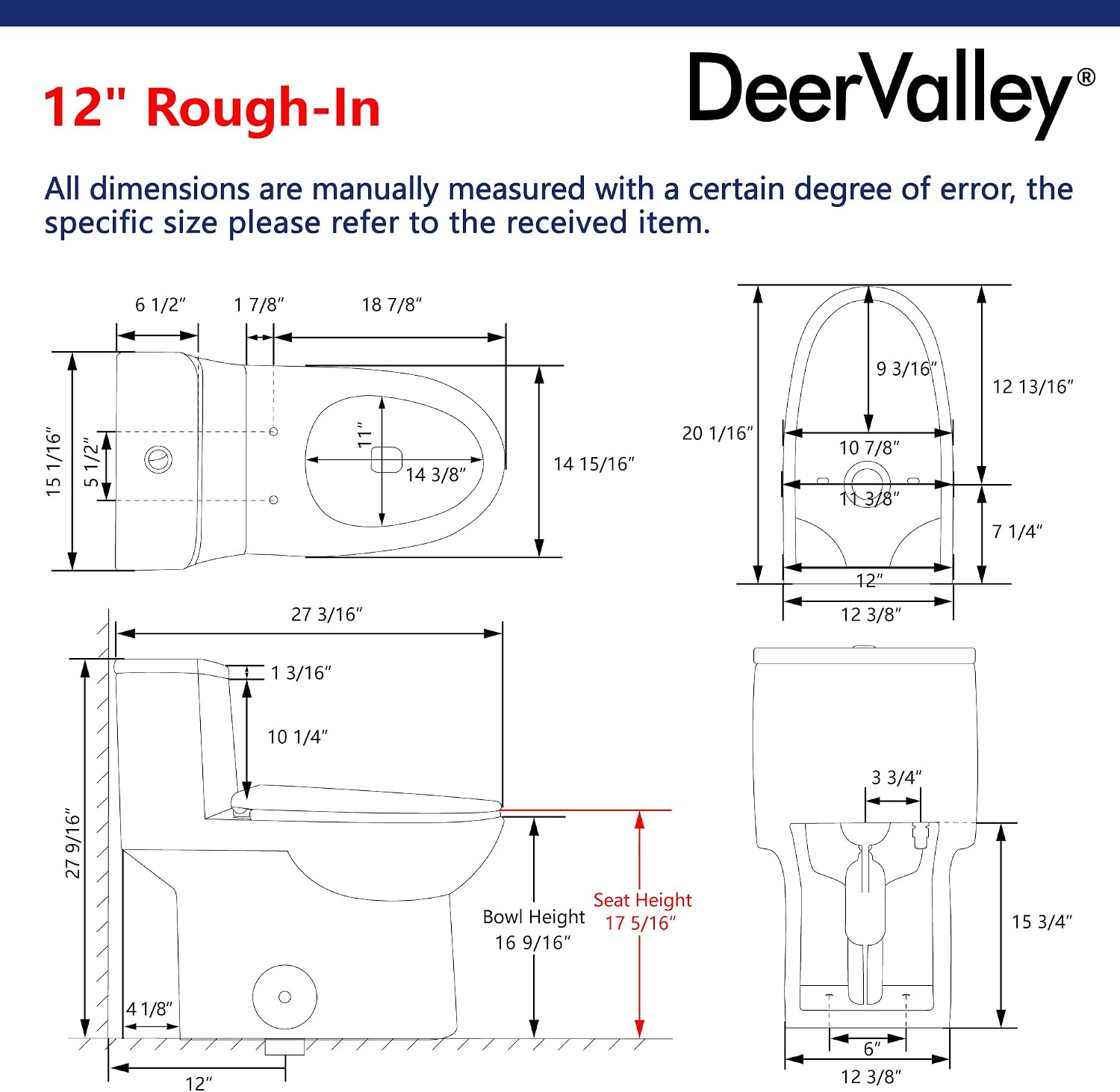 One Piece Toilet, DeerValley DV-1F52677A ADA Height 17', Dual-Flush 0.8/1.28 GPF, 12' Rough In, Elongated Soft Closing Seat Included, High Efficiency White Toilet