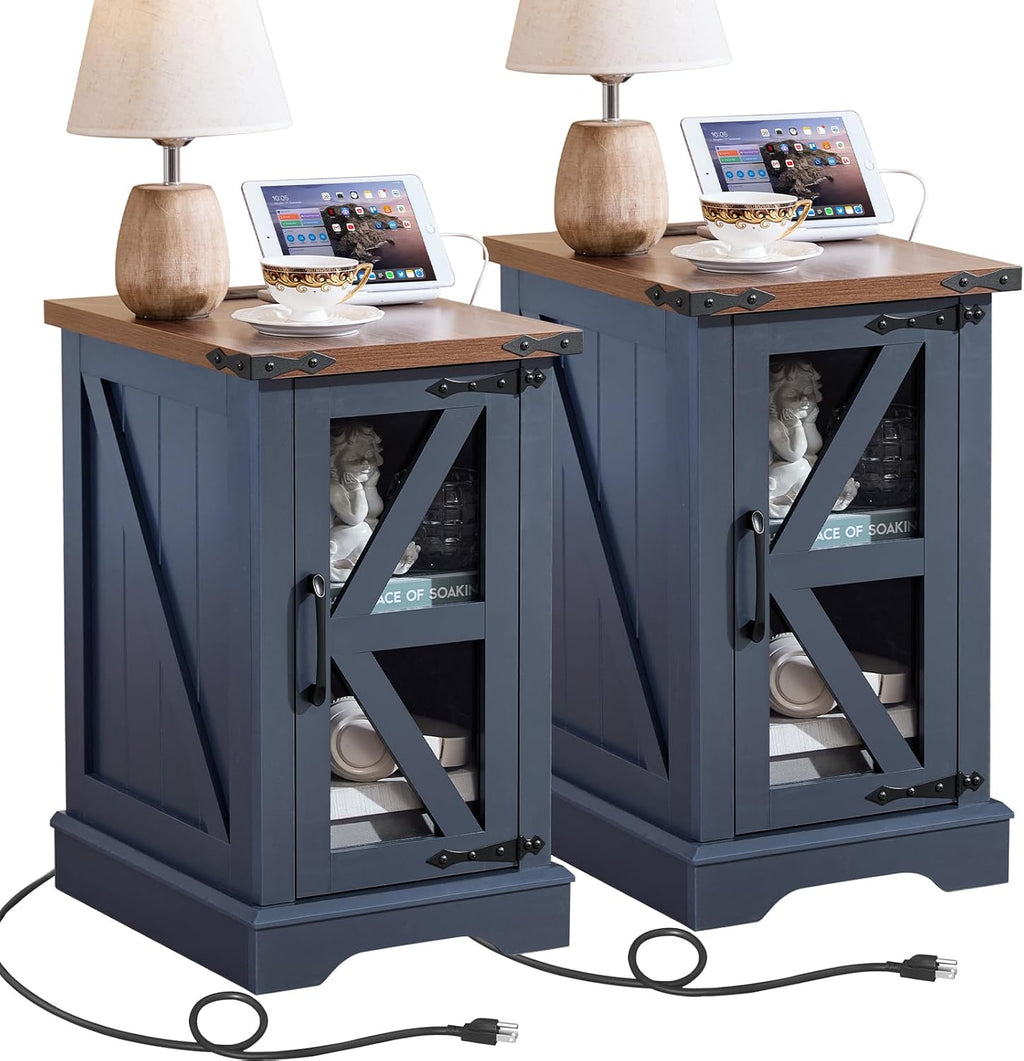 Joaxswe Narrow Night Stand Set 2 with Charger Station, Farmhouse Side End Table with Glass Barn Door Storage, Bedside Tables,Navy Blue Nightstand Cabinet Organizer for Small Spaces Living Room Bedroom