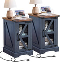 Joaxswe Narrow Night Stand Set 2 with Charger Station, Farmhouse Side End Table with Glass Barn Door Storage, Bedside Tables,Navy Blue Nightstand Cabinet Organizer for Small Spaces Living Room Bedroom