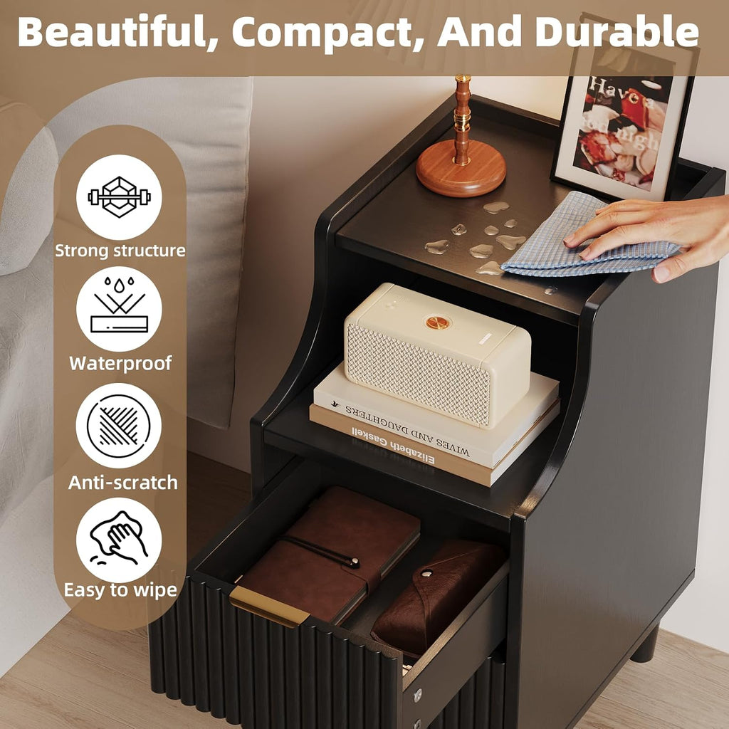 Fluted Nightstands Set of 2,Narrow Bedside Table with 2 Drawers & Storage, Farmhouse Walnut End Table Modern Side Table for Bedroom Livingroom Sofa Office, Small Space