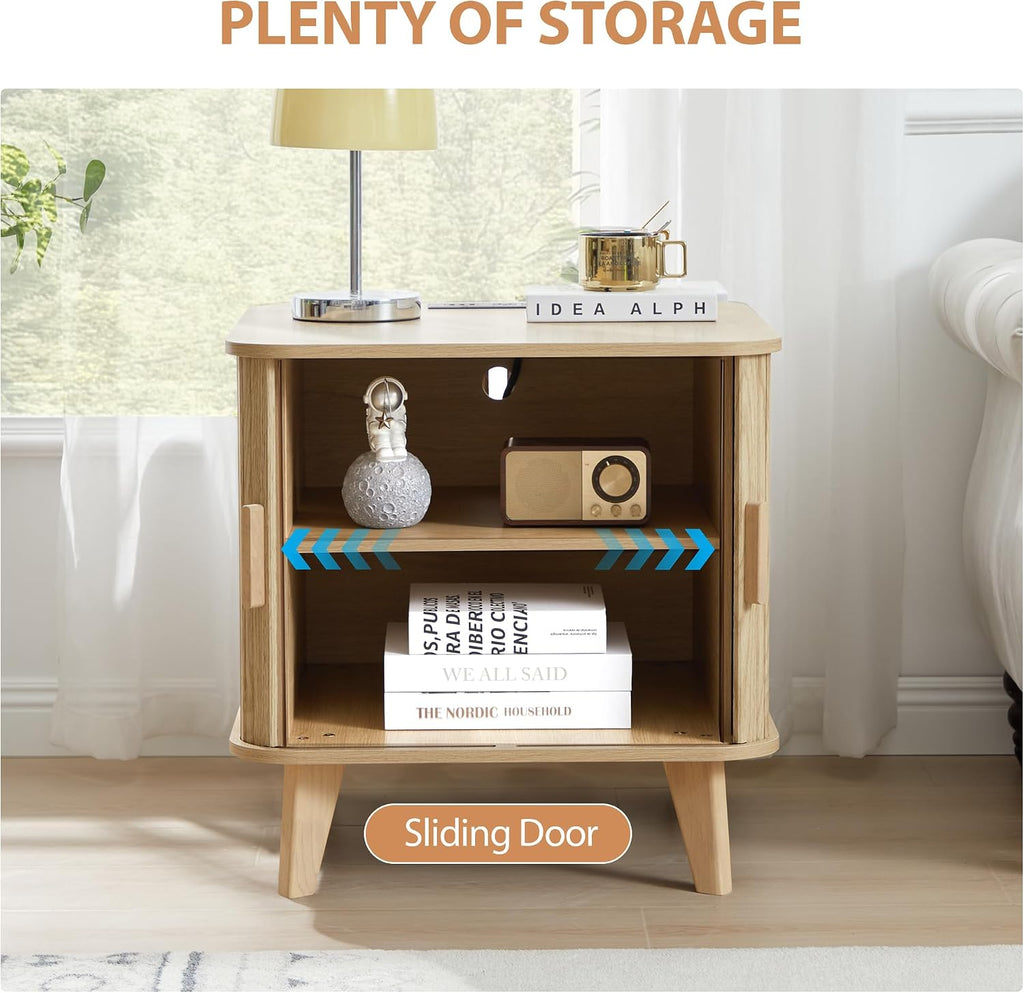 End Table with Charging Station, 24' Fluted Night Stands with Sliding Door, Farmhouse Large Wooden Side Table with Storage for Bedroom Living (Square, Natural)