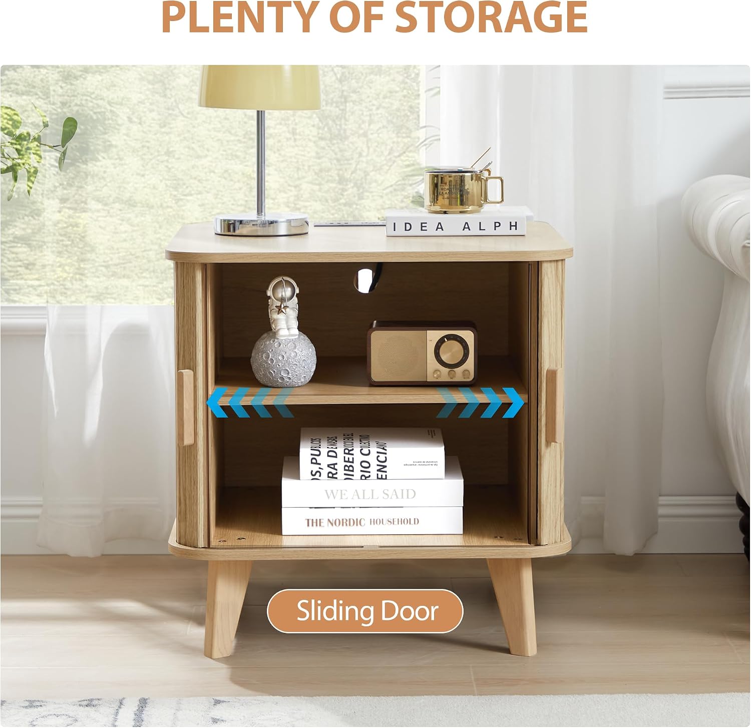 End Table with Charging Station, 24' Fluted Night Stands with Sliding Door, Farmhouse Large Wooden Side Table with Storage for Bedroom Living (Square, Natural)
