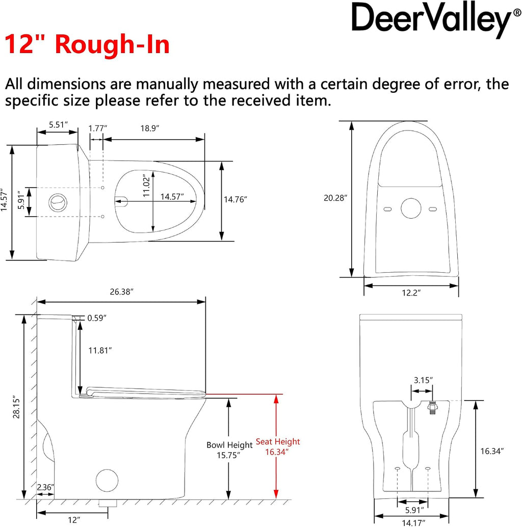 DeerValley Compact One-Piece Toilet for Small Bathrooms, Dual Flush 0.8/1.28 GPF, 900g MAP, Round Bowl, Soft-Close Seat, 12' Rough-In, Space-Saving Design