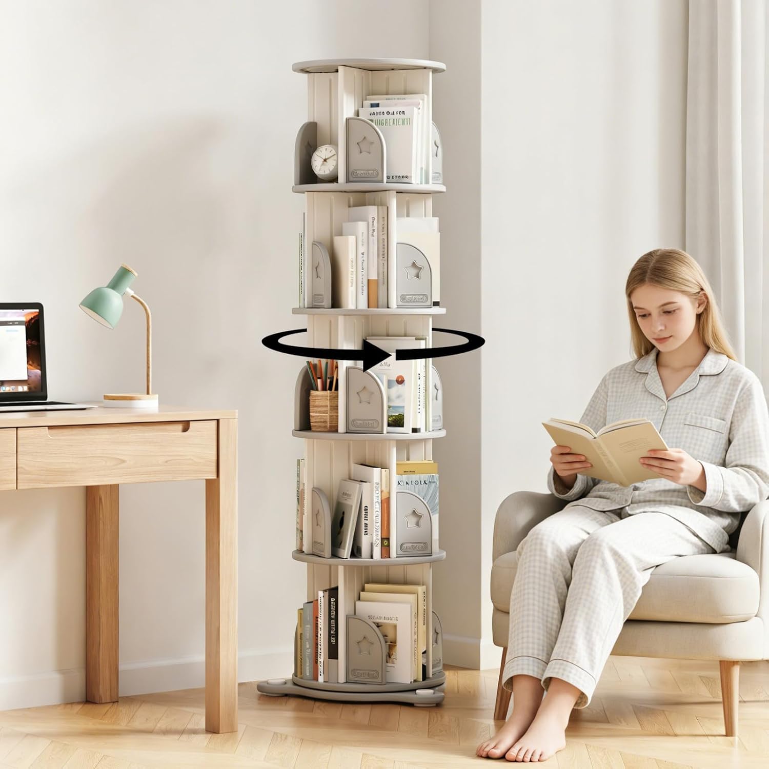 5-Tier Rotating Bookcase with Wheels, 360° Spinning Bookshelf Tower for Corner Spaces, Multi-Functional Book Display Stand & Organizer for Living Room, Bedroom, Classroom, Office - White