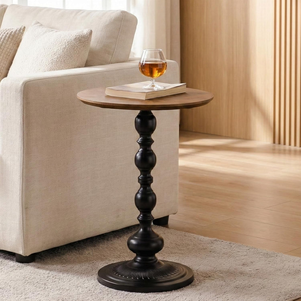 Round End Table, Framhose Small Side Table with Wood Top and Black Base, Pedestal Table for Living Room Corners Bedroom Patio and Bar（20' Hight）