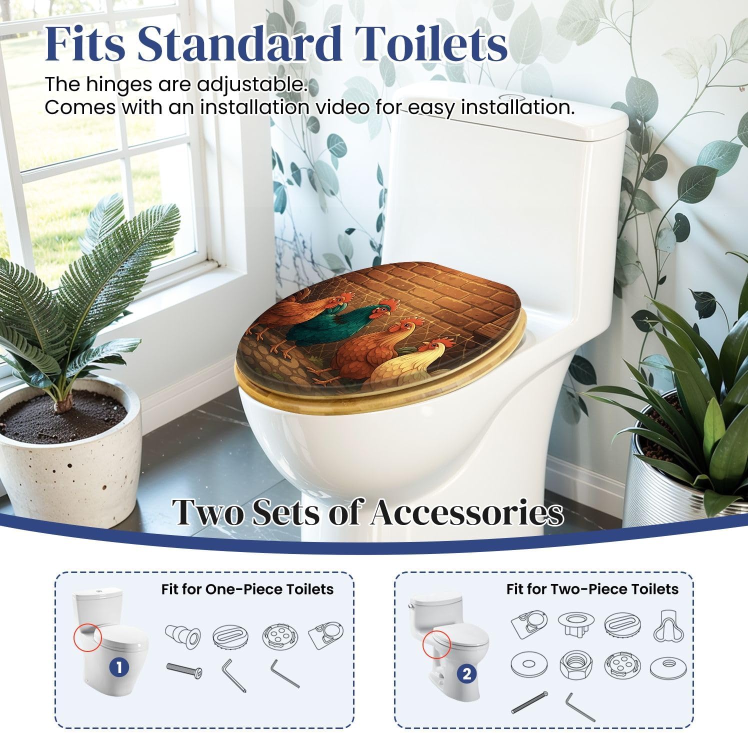 Elongated Toilet Seat Wooden Kitchen Chicken Farm Farmhouse Animal Rooster Rustic Dining Chickens Wood Toilet Seat Slow Quiet Close Lid with Quick-Release Hinges Cover Bumpers Easy to Clean Install