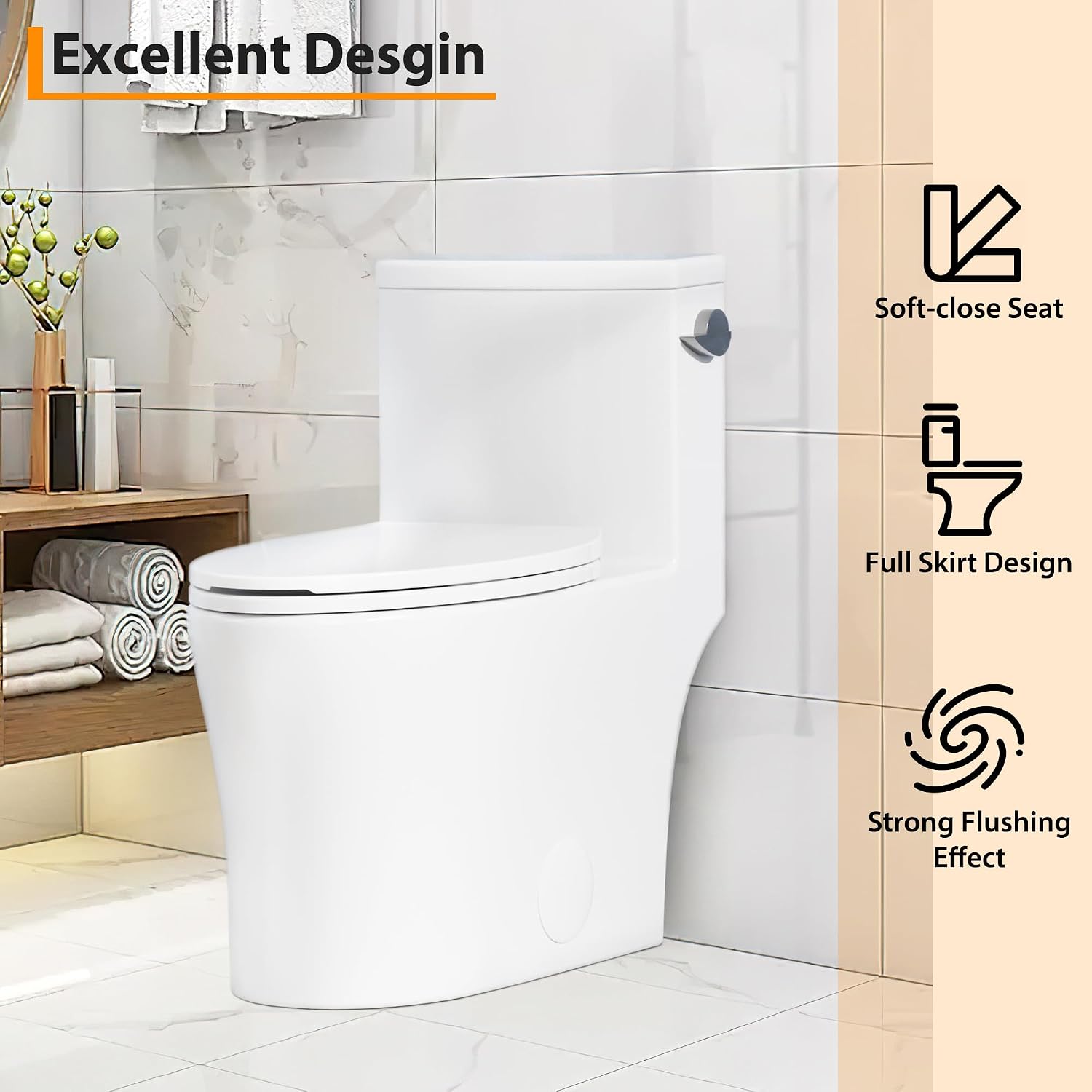 One Piece Elongated Toilet with Side Flush Handle and Quick Attach Soft Close Seat, High Seat Comfort for Seniors and Compact Bathrooms