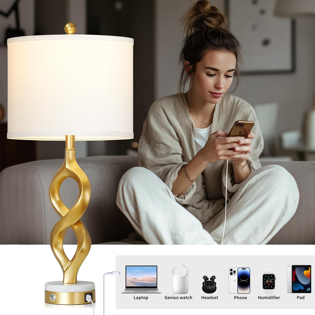 Cinyirong 30' White and Gold Table Lamps Set of 2 for Living Room, Modern Touch Control Bedside Lamps for Bedroom, 3-Way Dimmable Sculptural Resin Nightstand Lamps with USB A+C Ports and 2 LED Bulbs