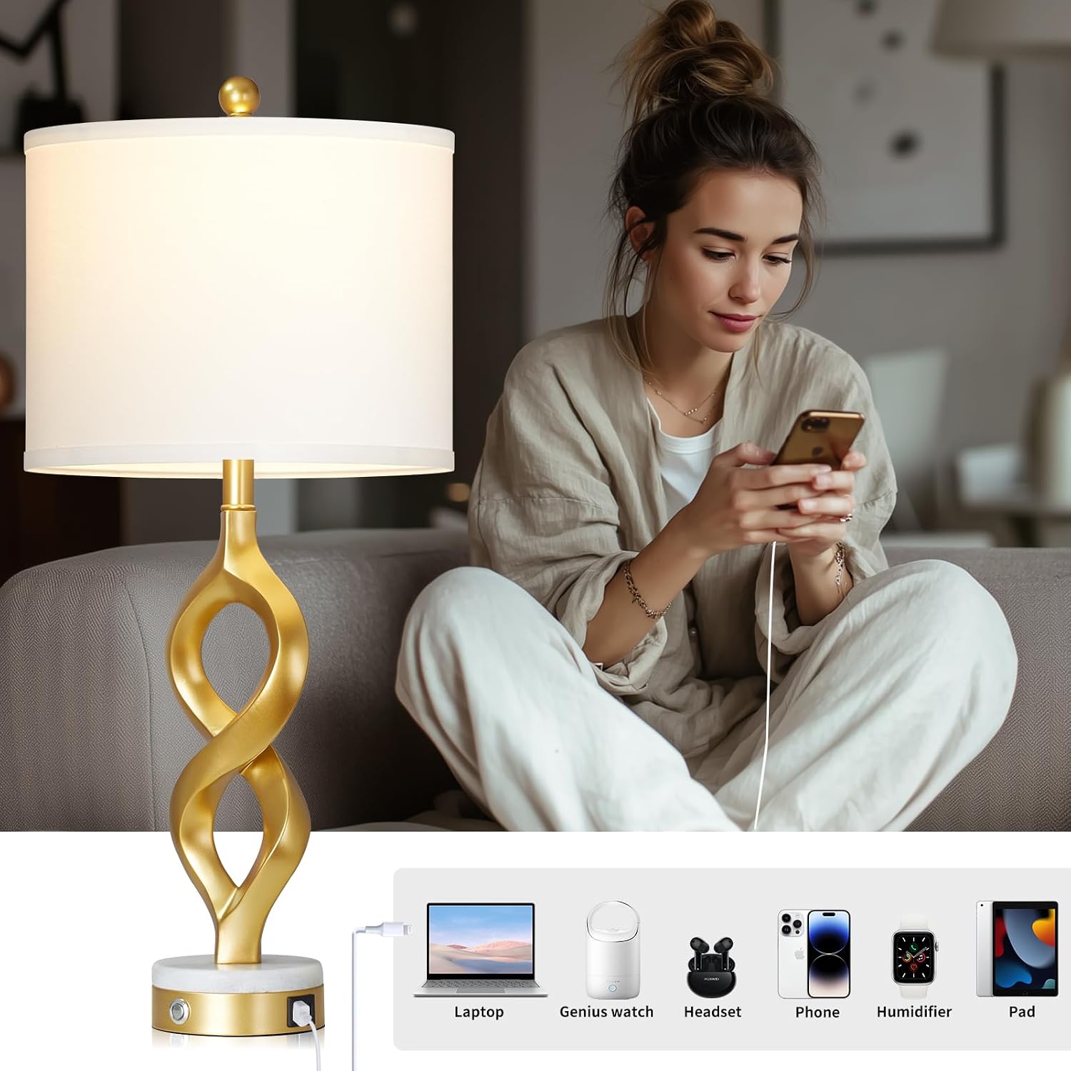 Cinyirong 30' White and Gold Table Lamps Set of 2 for Living Room, Modern Touch Control Bedside Lamps for Bedroom, 3-Way Dimmable Sculptural Resin Nightstand Lamps with USB A+C Ports and 2 LED Bulbs