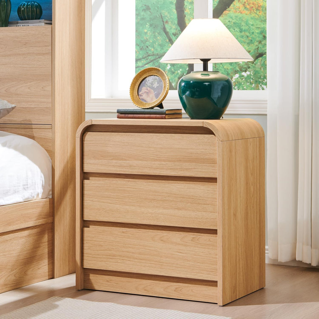 Aitjunz 25' Tall Modern Nightstand with Charging Station, 23.6'' Wide Wood Bedside Table w/3 Storage Drawers, Small Dresser w/Curved Profile Design, End Table for Bedroom, Natural Oak