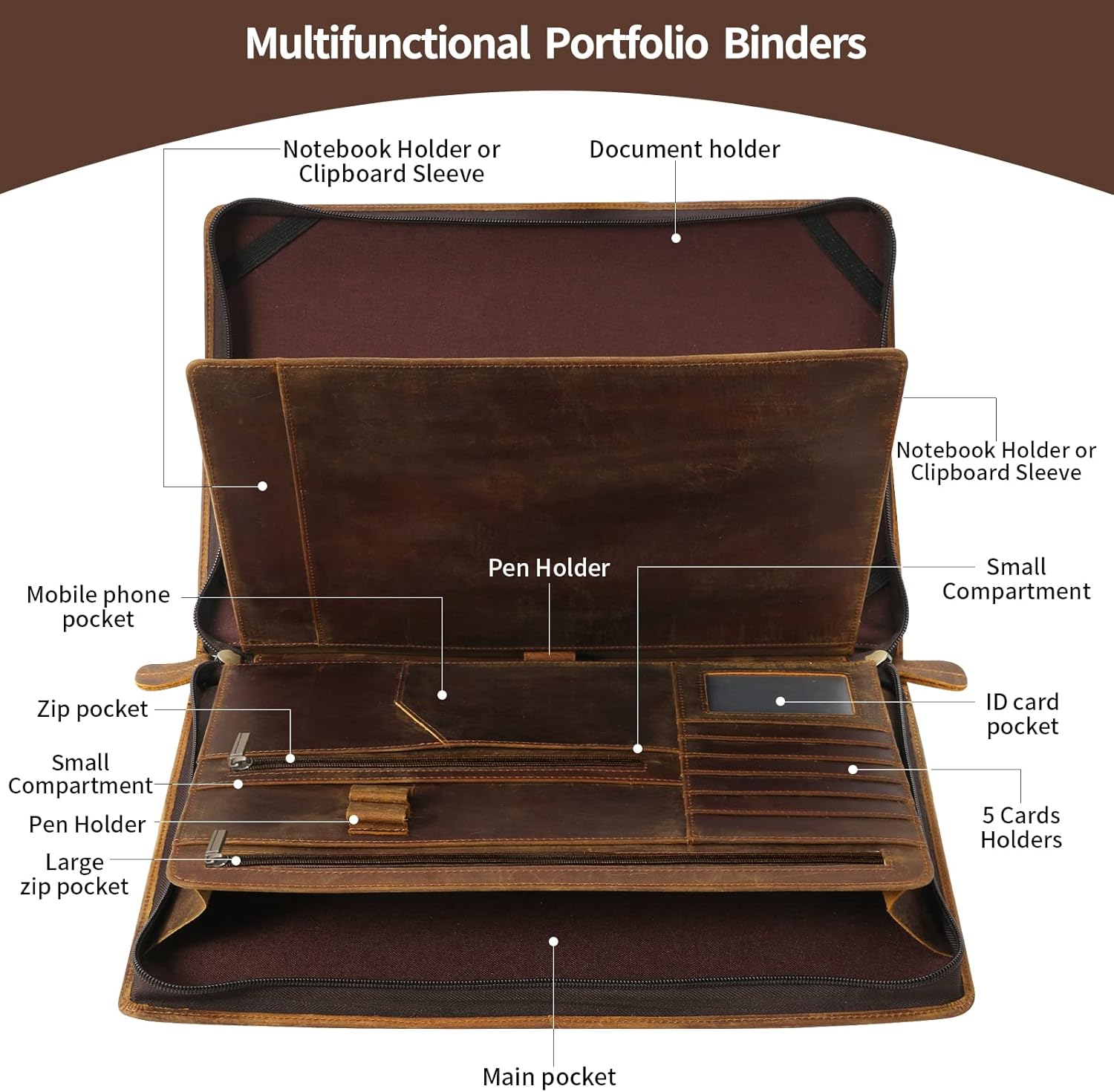 Ringsun Genuine Leather Portfolio Organizer for Men Women with Handle, Full Grain Leather Padfolio Folder with Zipper Business Resume Portfolio for 12.9' iPad, Brown, RS118