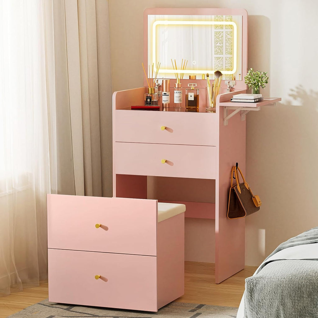 COMHOMA Makeup Vanity Desk with Mirror and Lights, Small 3 in 1 Vanity Table with Visible Glass Top, Flip Top & 3 Drawers, Compact Dressing with Storage Stool for Room or Office