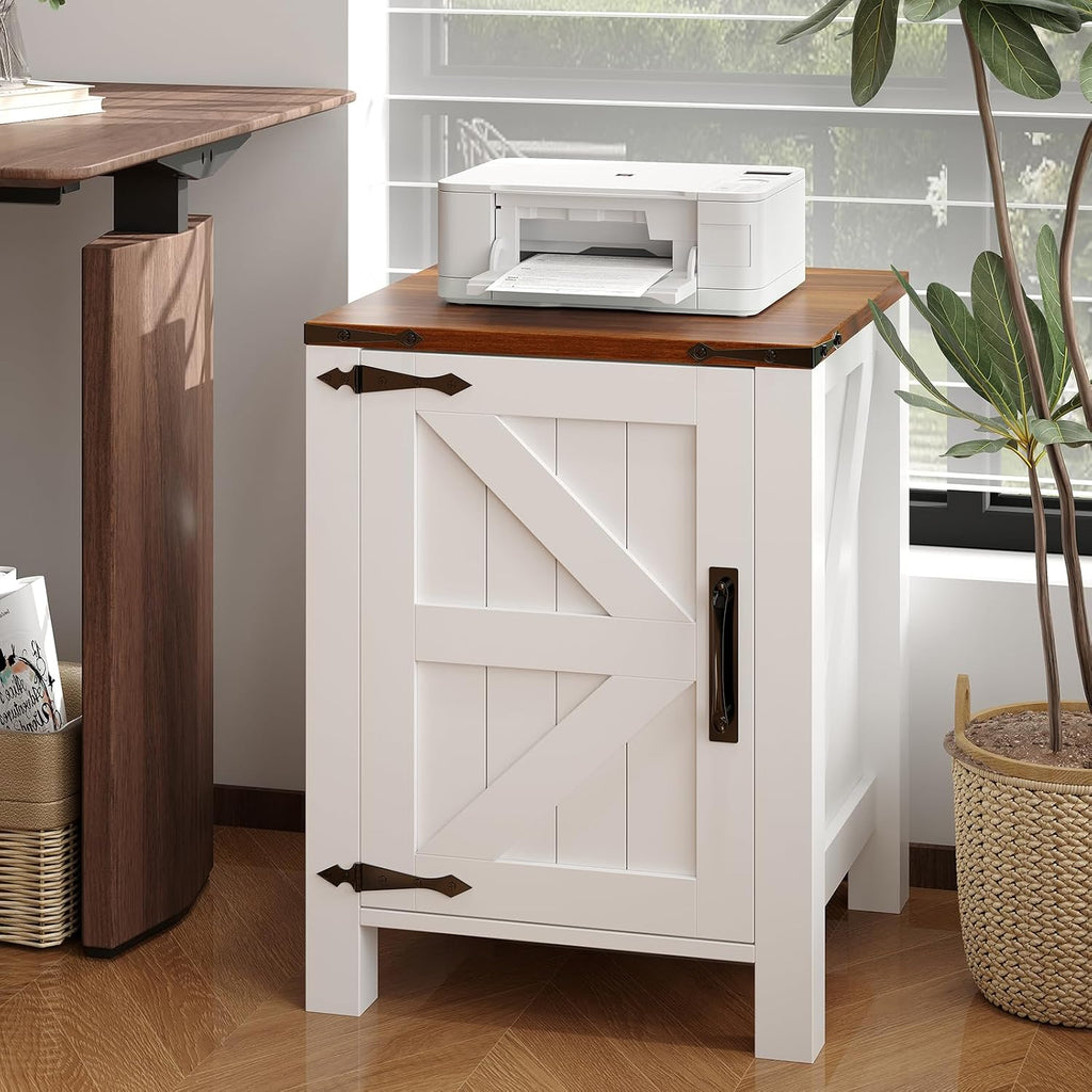 Garvee Rustic Farmhouse Nightstand Set of 2 with Charging Station, Barn Door and Adjustable Storage Shelf, Wooden Small Bedside Table, 18' Modern Two-Tier Nightstand & End Table for Bedroom