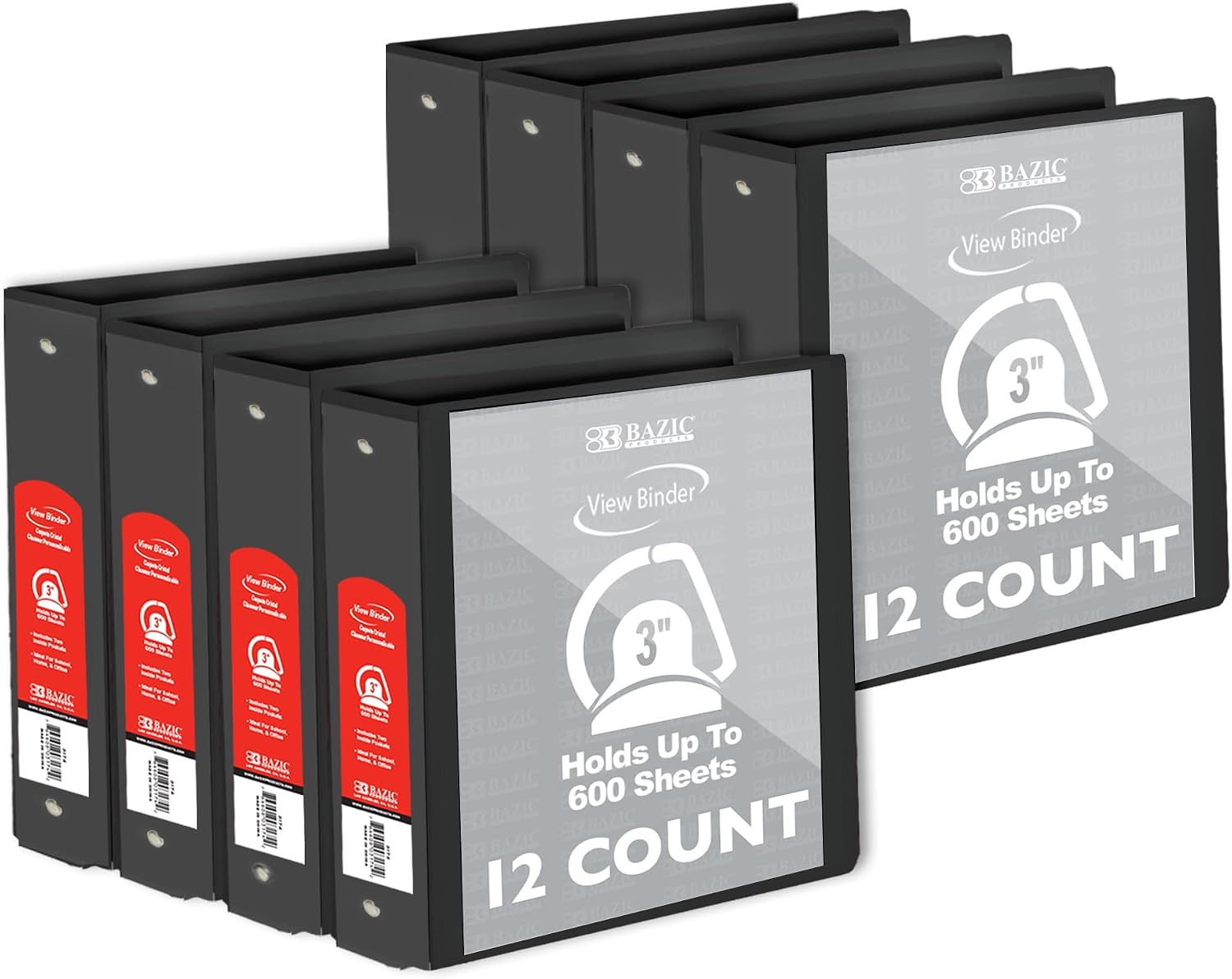BAZIC Products 3 Ring Binder 3' View Binders Slant D Ring Organizer - Black, Hold 600 Sheets Paper, for School Office Home, 12-Count