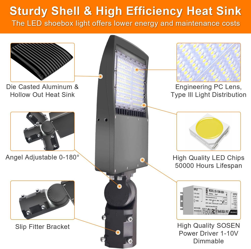480V 150W LED Parking Lot Light, 21000LM LED Shoebox Street Flood Light (500W MH/HPS Equiv.), 5000K Dimmable Commercial Area Lighting with 20KV Surge Protection, IP65 Waterproof AC277-480V