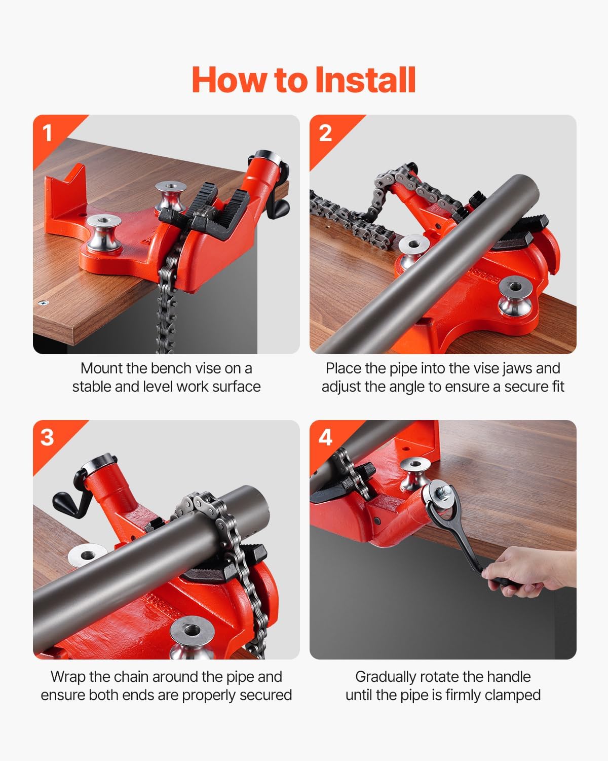 VEVOR Heavy-Duty Pipe Chain Vise, 1/2' - 8' Pipe Capacity, 34.6' Rugged Chain & Cast Iron Base, Industrial-Grade Pipe Clamping for Plumbing, Automotive Repairs, Metalworking