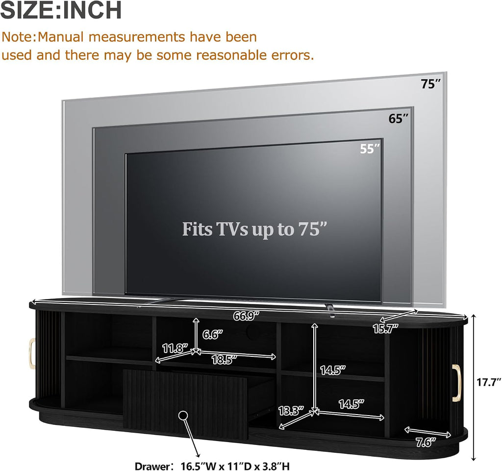 SOFTSEA 66.9' Fluted TV Stand for 75'+ TV, Farmhouse Media Console with Storage Drawer, Sliding Tambour Doors & Rounded Edges, Rustic Entertainment Center for Living Room, Black