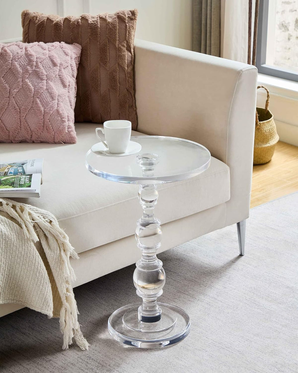Acrylic End Table Set of 2, 16' x16' x 23' Modern Pedestal Acrylic Side Table, Clear Round Martini Table for Living Room Bedroom Small Spaces