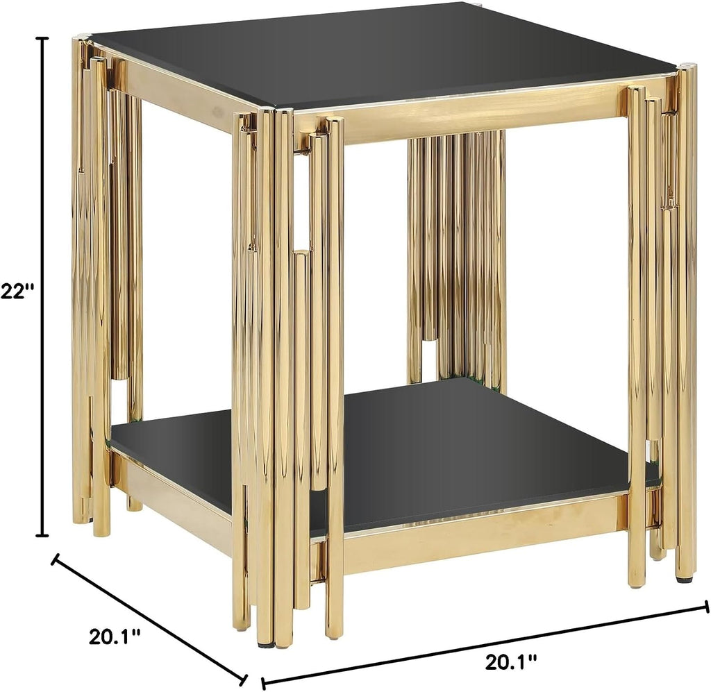 JIJIWANG 22' Small Square End Table, Side Table with Double-Layer Tempered Black Glass & Gold Stainless Steel Frame for Bedroom Living Room, Easy to Assemble Black