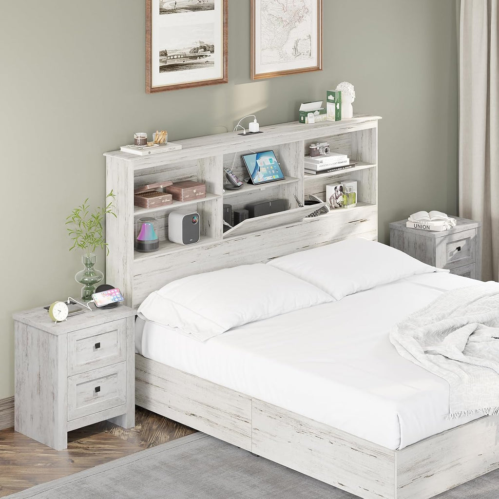 AMERLIFE Large Nightstand Set of 2 with Charging Station, Bedside Table with USB Ports and Outlets, Farmhouse Wood End Table for Bedroom, Distressed White