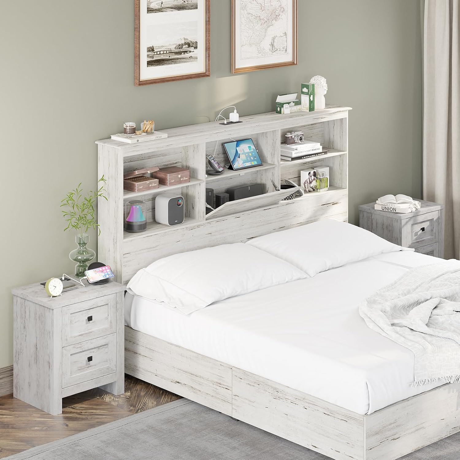 AMERLIFE Large Nightstand Set of 2 with Charging Station, Bedside Table with USB Ports and Outlets, Farmhouse Wood End Table for Bedroom, Distressed White
