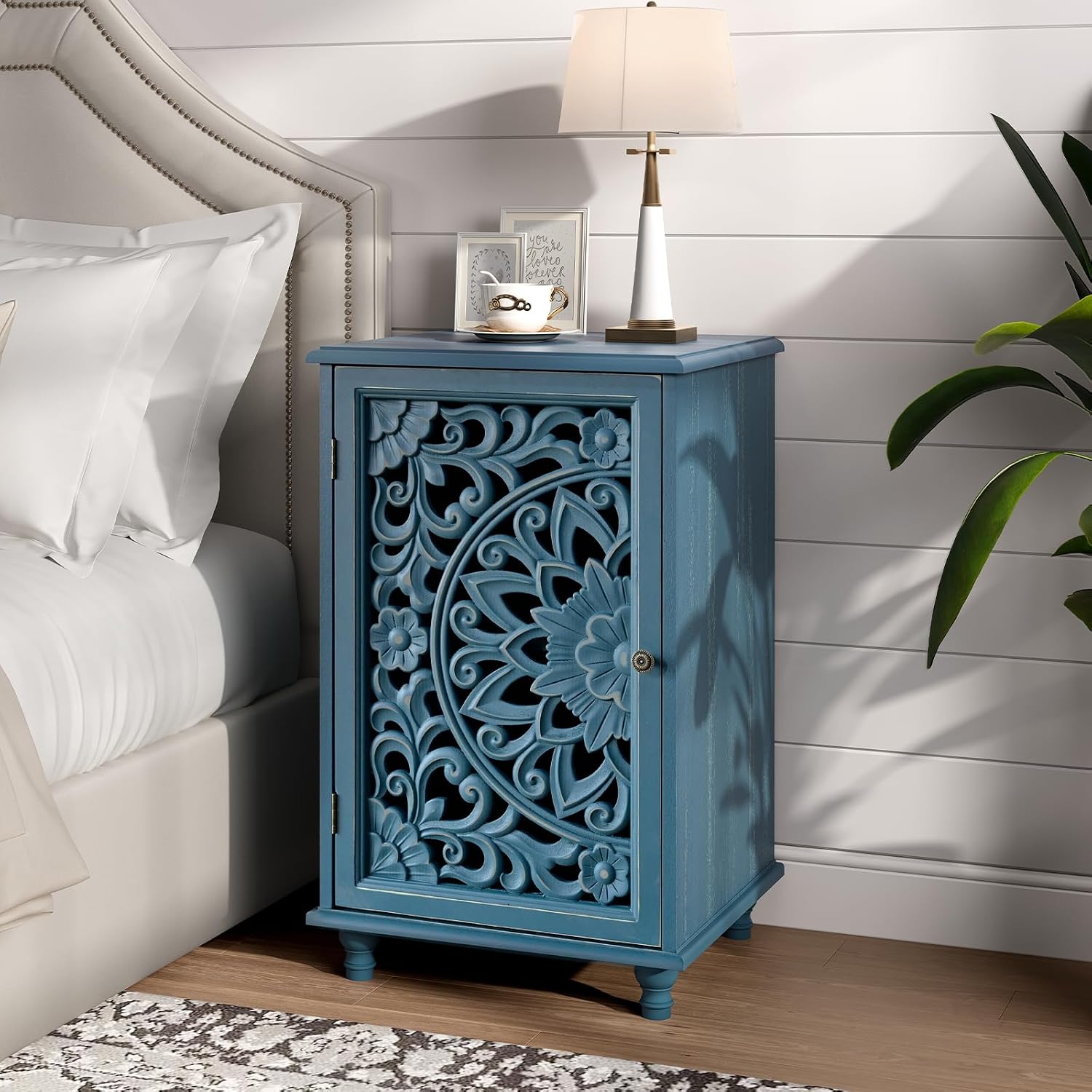 JOINICE Small Accent Cabinet with Carved Mandala Door, Blue Storage Cabinet with Solid Wood Legs & Adjustable Shelf, Boho Distressed End Table for Living Room, Bedroom, Entryway Side Table