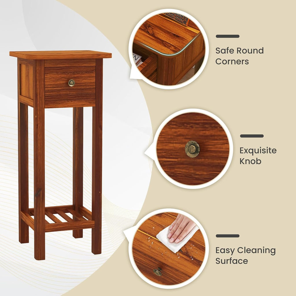 Giantex Tall End Table Set of 2, Narrow Side Table with Drawer and Shelf, Acacia Wood Nightstand for Living Room, 2-Tier Bedside Table for Small Space, No Assembly, Rustic Brown