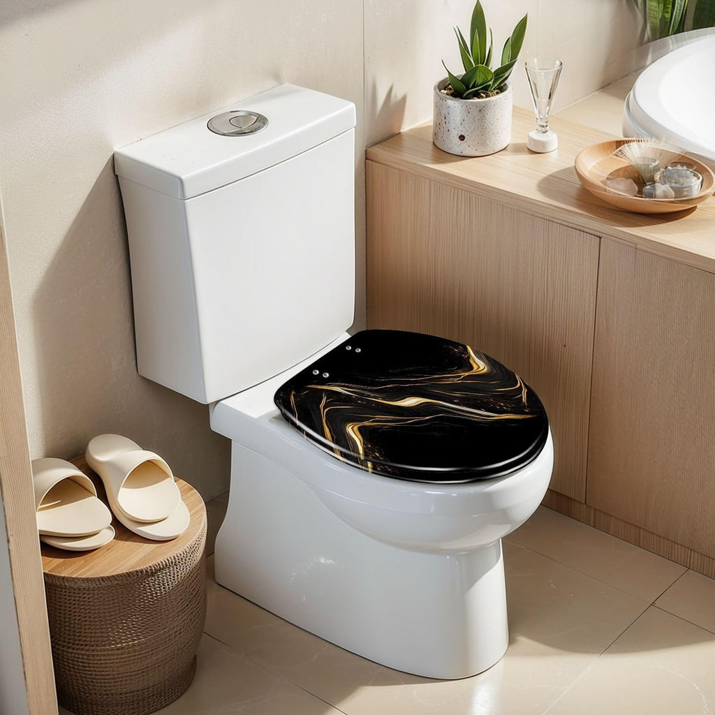 Elongated Toilet Seat Marble texture wall surface black gold ink pattern graphic granite Resin Toilet Seat Slow Quiet Close Lid with Quick-Release Hinges Cover Bumpers Easy to Clean Install