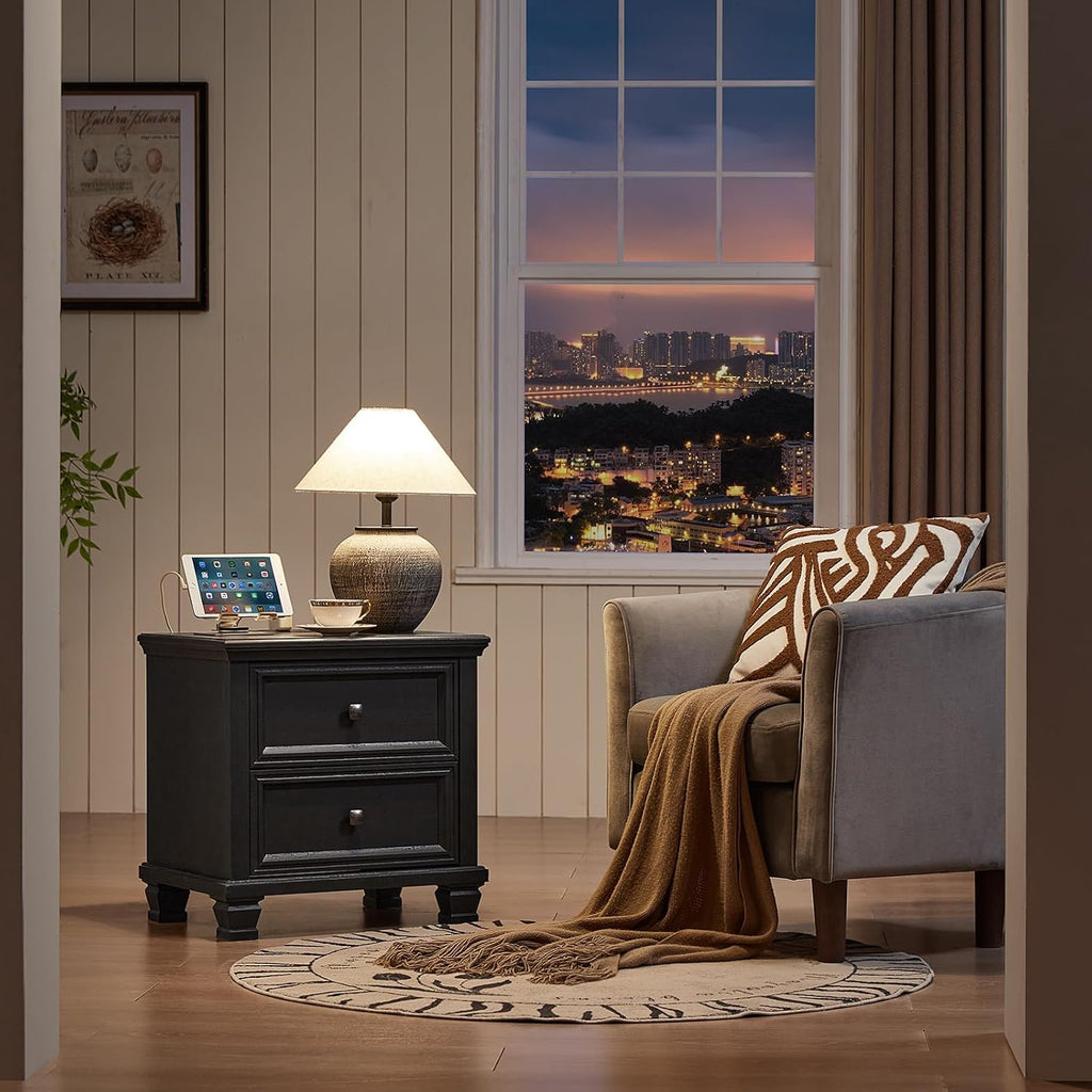 SAVOR LIFE Farmhouse Nightstand Set of 2, Rustic Low Nightstands with 2 Drawers & Charging Station, Vintage Night Stands with 4 Square Solid Wood Legs, Small Dresser for Bedroom, Home, Black