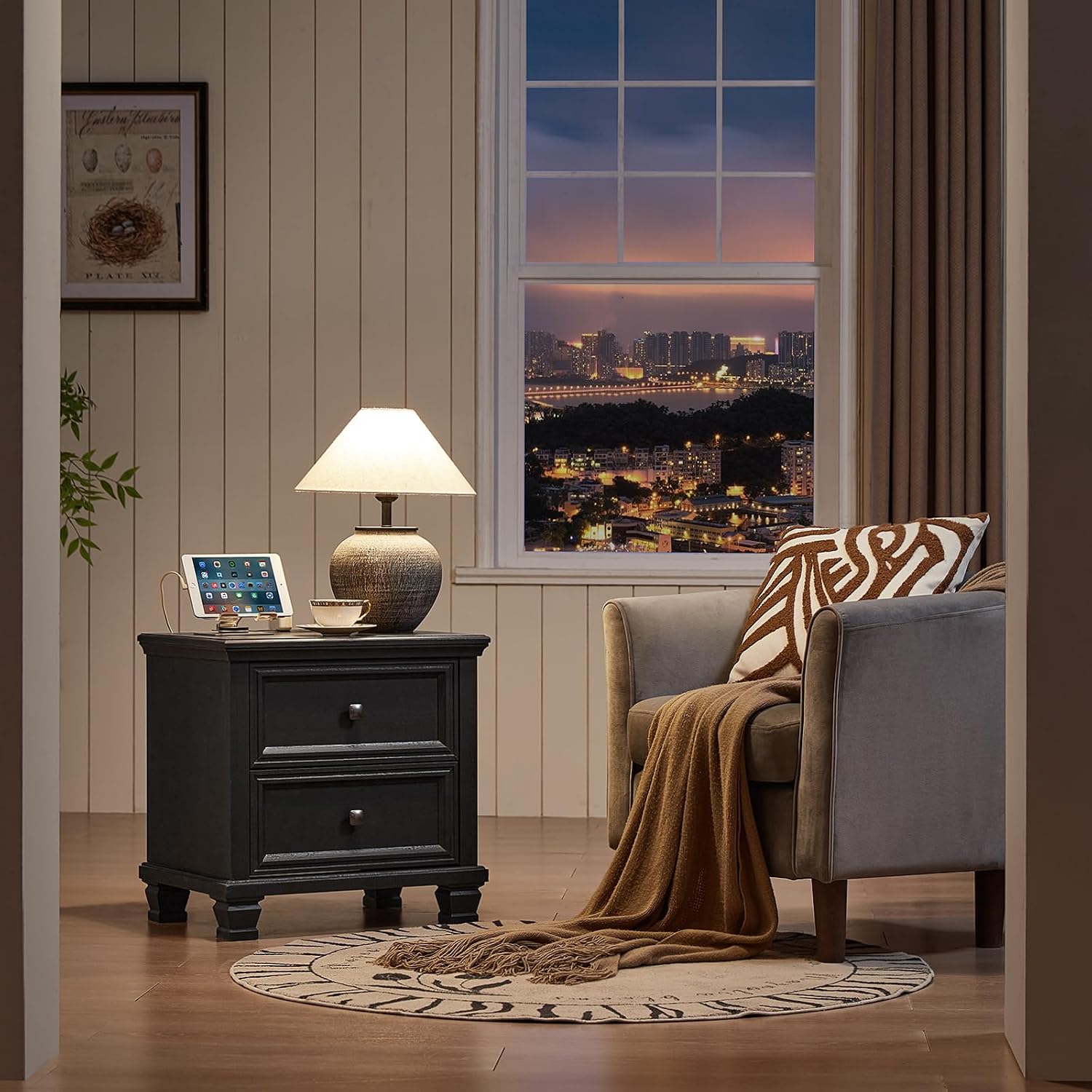 SAVOR LIFE Farmhouse Nightstand Set of 2, Rustic Low Nightstands with 2 Drawers & Charging Station, Vintage Night Stands with 4 Square Solid Wood Legs, Small Dresser for Bedroom, Home, Black